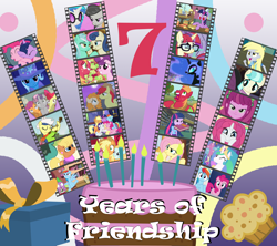 Size: 2512x2228 | Tagged: safe, artist:tolpain, derpibooru original, screencap, character:apple bloom, character:applejack, character:big mcintosh, character:bon bon, character:bright mac, character:cheerilee, character:coco crusoe, character:coco pommel, character:derpy hooves, character:dj pon-3, character:fiddlesticks, character:fluttershy, character:lyra heartstrings, character:moondancer, character:ms. harshwhinny, character:octavia melody, character:pear butter, character:pinkie pie, character:princess celestia, character:princess luna, character:rainbow dash, character:rarity, character:ruby pinch, character:scootaloo, character:spike, character:sugar belle, character:sweetie belle, character:sweetie drops, character:trixie, character:twilight sparkle, character:twilight sparkle (alicorn), character:vinyl scratch, species:alicorn, species:bird, species:dragon, species:earth pony, species:owl, species:pegasus, species:pony, species:unicorn, ship:sugarmac, episode:amending fences, episode:boast busters, episode:hard to say anything, episode:life is a runway, episode:slice of life, episode:the perfect pear, episode:twilight time, equestria girls:equestria girls, equestria girls:rainbow rocks, g4, my little pony: friendship is magic, my little pony:equestria girls, season 1, season 4, season 5, apple family member, applejack's hat, background pony, berk, cake, clothing, cowboy hat, cutie mark crusaders, female, filly, food, happy birthday mlp:fim, hat, male, mane seven, mane six, mare, mlp fim's seventh anniversary, muffin, pony history, present, rosy gold, screenshots, season 2, season 3, season 6, season 7, shipping, straight, wall of tags