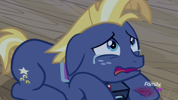Size: 600x338 | Tagged: safe, screencap, character:star tracker, species:earth pony, species:pony, episode:once upon a zeppelin, g4, my little pony: friendship is magic, animated, camera, crying, floppy ears, frown, gif, injured, looking up, male, pain, shivering, solo, stallion, tears of pain, wavy mouth