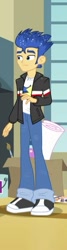 Size: 163x609 | Tagged: safe, screencap, character:flash sentry, episode:a banner day, equestria girls:friendship games, g4, my little pony:equestria girls, clothing, cropped, jacket, male, pants, shoes, smiling, sneakers, solo