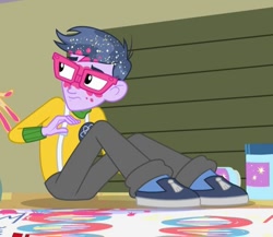 Size: 589x511 | Tagged: safe, screencap, character:microchips, episode:a banner day, equestria girls:friendship games, g4, my little pony:equestria girls, canterlot high, clothing, cropped, glasses, gymnasium, male, pants, shoes, sneakers, solo