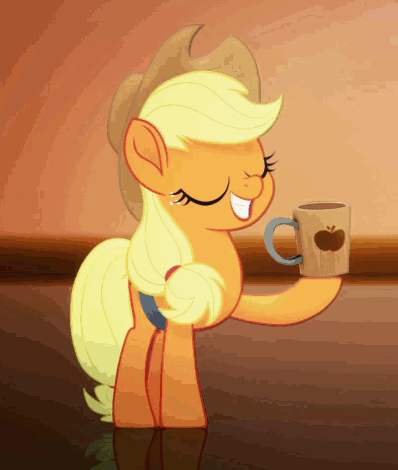 Size: 809x954 | Tagged: safe, screencap, character:applejack, character:rainbow dash, species:earth pony, species:pegasus, species:pony, my little pony: the movie (2017), animated, applejack's hat, cider, cider mug, clothing, cowboy hat, cropped, cute, cutie mark, duo, eyes closed, female, gif, grin, hat, hooves, jackabetes, lyrics, mare, mug, rainbow (song), silly, silly pony, smiling, stealing, tankard, that pony sure does love cider, wings, yoink