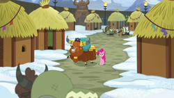 Size: 1280x720 | Tagged: safe, screencap, character:pinkie pie, character:prince rutherford, species:pony, species:yak, episode:not asking for trouble, g4, my little pony: friendship is magic, cloven hooves, female, hut, male, snow, yakyakistan