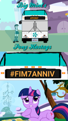 Size: 720x1280 | Tagged: safe, screencap, character:twilight sparkle, character:twilight sparkle (unicorn), oc, oc:peppermint freshener, species:pony, species:unicorn, big mint (bus), big mint's pony hastags, bus, confused, female, happy birthday mlp:fim, hoof on chin, mare, mlp fim's seventh anniversary, new flyer c40lf, prone, recolor