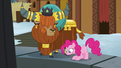 Size: 1280x720 | Tagged: safe, screencap, character:pinkie pie, character:prince rutherford, species:earth pony, species:pony, species:yak, episode:not asking for trouble, g4, my little pony: friendship is magic, cloven hooves, crown, duo, ear piercing, earring, female, horn ring, jewelry, male, mare, piercing, pit, regalia, yakyakistan
