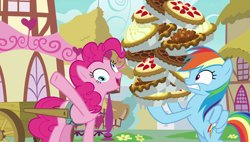 Size: 1920x1090 | Tagged: safe, screencap, character:pinkie pie, character:rainbow dash, species:earth pony, species:pegasus, species:pony, episode:secrets and pies, g4, my little pony: friendship is magic, derp, duo, faec, female, food, lemon meringue pie, mare, pie, strawberry, strawberry pie