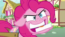 Size: 1920x1090 | Tagged: safe, screencap, character:pinkie pie, episode:secrets and pies, g4, my little pony: friendship is magic, crazy face, faec, floppy ears, ponyville, solo, tongue out, underbite