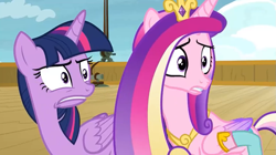 Size: 1067x597 | Tagged: safe, screencap, character:princess cadance, character:twilight sparkle, character:twilight sparkle (alicorn), species:alicorn, species:pony, episode:once upon a zeppelin, g4, my little pony: friendship is magic, faec, grimace