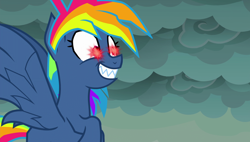 Size: 1920x1090 | Tagged: safe, screencap, character:evil pie hater dash, character:rainbow dash, episode:secrets and pies, g4, my little pony: friendship is magic, adorapiehater, animation error, cute, excited, flying, gritted teeth, imminent eye beams, layering fail, nightmare, smiling, solo, when she smiles