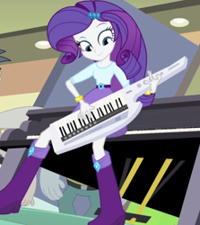 Size: 866x973 | Tagged: safe, artist:pinkiedash-blog, screencap, character:rarity, episode:player piano, equestria girls:rainbow rocks, g4, my little pony:equestria girls, belt, boots, bracelet, clothing, cute, jewelry, keytar, musical instrument, piano, raribetes, shoes, skirt, solo