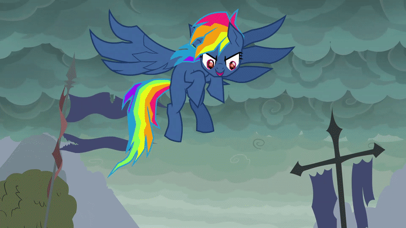 Size: 800x450 | Tagged: safe, screencap, character:evil pie hater dash, character:pinkie pie, character:rainbow dash, episode:secrets and pies, g4, my little pony: friendship is magic, adorapiehater, animated, cute, evil laugh, eye beams, food, gif, nightmare, pie, pure unfiltered evil, solo, that pony sure does hate pies