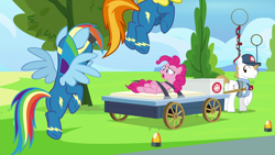Size: 1920x1080 | Tagged: safe, screencap, character:pinkie pie, character:rainbow dash, character:spitfire, species:earth pony, species:pegasus, species:pony, episode:secrets and pies, g4, my little pony: friendship is magic, ambulance, baseball cap, bound, cap, clothing, cloud, female, first aid kit, hat, hermes (character), male, mare, medic, paramedic, restrained, restraints, runway, shirt, stallion, straps, tree, uniform, wagon, wonderbolts headquarters, wonderbolts uniform
