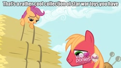 Size: 1221x685 | Tagged: safe, screencap, character:big mcintosh, character:scootaloo, species:earth pony, species:pegasus, species:pony, episode:hearts and hooves day, g4, my little pony: friendship is magic, caption, funny, hay bale, hub logo, implied, male, stallion