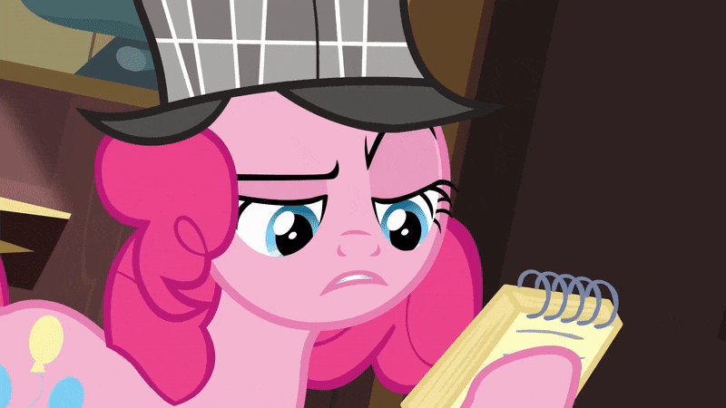Size: 800x450 | Tagged: safe, screencap, character:pinkie pie, episode:secrets and pies, g4, my little pony: friendship is magic, animated, clothing, deerstalker, detective, gif, hat, notebook, pencil, pinkie being pinkie, prehensile mane, raised eyebrow, solo, writing