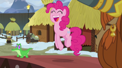 Size: 1280x720 | Tagged: safe, screencap, character:gummy, character:pinkie pie, character:prince rutherford, species:earth pony, species:pony, species:yak, episode:not asking for trouble, g4, my little pony: friendship is magic, alligator, cute, diapinkes, duo focus, female, happy, hut, male, mare, yakyakistan