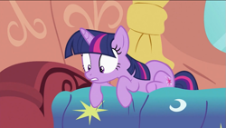 Size: 993x559 | Tagged: safe, screencap, character:twilight sparkle, character:twilight sparkle (unicorn), species:pony, species:unicorn, episode:lesson zero, g4, my little pony: friendship is magic, bed, bedroom, curtains, cute, female, golden oaks library, indoors, looking down, mare, prone, solo, surprised, twiabetes