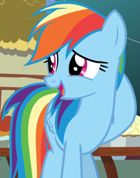 Size: 825x1050 | Tagged: safe, screencap, character:rainbow dash, species:pegasus, species:pony, episode:secrets and pies, g4, my little pony: friendship is magic, confession, cropped, cute, dashabetes, embarrassed, female, hooves behind head, mare, open mouth, raised hoof, sheepish grin, shy, shy dashie, smiling, solo