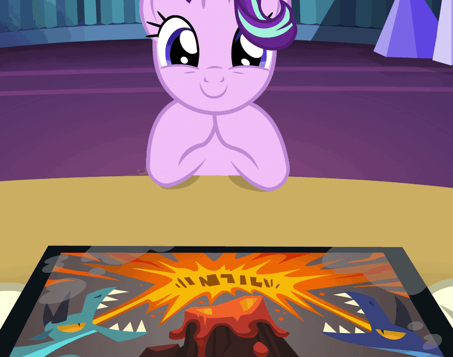 Size: 920x724 | Tagged: safe, screencap, character:starlight glimmer, species:pony, species:unicorn, episode:uncommon bond, g4, my little pony: friendship is magic, animated, board game, book, bookshelf, cute, dragon pit, excited, eye shimmer, female, gif, glimmerbetes, grin, hair flip, hair over one eye, hooves on the table, looking at you, mare, open mouth, smiling, solo, squee, talking, twilight's castle