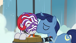 Size: 1920x1080 | Tagged: safe, screencap, character:night light, character:twilight velvet, ship:nightvelvet, episode:once upon a zeppelin, g4, my little pony: friendship is magic, affection, barrel, camera, cute, dawwww, female, helmet, husband and wife, kiss on the cheek, kissing, male, married couple, neighagra falls, nightabetes, shipping, straight, velvetbetes, waterfall, wet mane