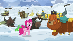 Size: 1280x720 | Tagged: safe, screencap, character:gummy, character:pinkie pie, character:prince rutherford, species:earth pony, species:pony, species:yak, episode:not asking for trouble, g4, my little pony: friendship is magic, alligator, biting, crown, ear piercing, earring, female, horn ring, jewelry, male, mare, nose piercing, nose ring, piercing, regalia, snow, tail bite