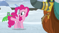 Size: 1280x720 | Tagged: safe, screencap, character:gummy, character:pinkie pie, character:prince rutherford, species:earth pony, species:pony, species:yak, episode:not asking for trouble, g4, my little pony: friendship is magic, alligator, biting, cute, female, looking back, mare, open mouth, pointing, raised hoof, smiling, snow, tail bite