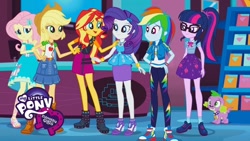 Size: 1280x720 | Tagged: safe, screencap, character:applejack, character:fluttershy, character:rainbow dash, character:rarity, character:spike, character:spike (dog), character:sunset shimmer, character:twilight sparkle, character:twilight sparkle (scitwi), species:dog, species:eqg human, episode:a fine line, g4, my little pony:equestria girls, converse, equestria girls logo, geode of fauna, geode of shielding, geode of super speed, geode of super strength, geode of telekinesis, magical geodes, ponytail, shoes, sneakers