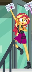 Size: 351x782 | Tagged: safe, screencap, character:sunset shimmer, episode:the finals countdown, g4, my little pony:equestria girls, a+, boots, clothing, cropped, female, geode of empathy, grades, high heel boots, jacket, leather jacket, shoes, skirt, smiling, solo, test