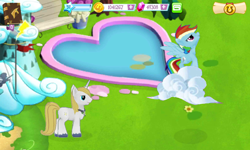 Size: 800x480 | Tagged: safe, gameloft, screencap, character:prince blueblood, character:rainbow dash, ship:bluedash, cloud, female, male, shipping, shipping fuel, straight, swimming pool