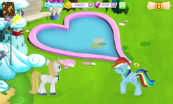 Size: 800x480 | Tagged: safe, gameloft, screencap, character:prince blueblood, character:rainbow dash, ship:bluedash, crack shipping, dashblood, female, male, shipping, shipping fuel, straight, swimming pool