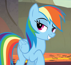Size: 1150x1050 | Tagged: safe, screencap, character:rainbow dash, species:pegasus, species:pony, episode:shadow play, g4, my little pony: friendship is magic, amused, cocky, cropped, dragon lands, female, folded wings, grin, head tilt, lava, lidded eyes, mare, raised eyebrow, raised hoof, smiling, smirk, smug, smugdash, solo, wings