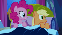 Size: 1366x768 | Tagged: safe, screencap, character:applejack, character:pinkie pie, episode:do princesses dream of magic sheep?, >rape, bed, scared