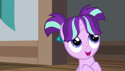 Size: 1280x720 | Tagged: safe, screencap, character:starlight glimmer, species:pony, species:unicorn, episode:uncommon bond, g4, my little pony: friendship is magic, cute, female, filly, filly starlight glimmer, glimmerbetes, open mouth, smiling, solo, younger