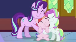 Size: 1280x720 | Tagged: safe, screencap, character:coconut cream, character:starlight glimmer, character:toola roola, species:pony, episode:fame and misfortune, g4, my little pony: friendship is magic, hug
