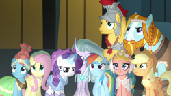Size: 1920x1080 | Tagged: safe, screencap, character:applejack, character:flash magnus, character:fluttershy, character:meadowbrook, character:mistmane, character:rainbow dash, character:rarity, character:rockhoof, character:somnambula, episode:shadow play, g4, my little pony: friendship is magic