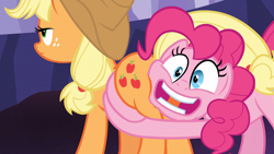 Size: 1920x1080 | Tagged: safe, screencap, character:applejack, character:pinkie pie, episode:shadow play, g4, my little pony: friendship is magic, butt touch, butthug, faceful of ass, faec, hug, out of context, pinkie hugging applejack's butt