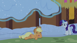 Size: 1280x720 | Tagged: safe, screencap, character:applejack, character:rarity, species:pony, episode:not asking for trouble, g4, my little pony: friendship is magic, magic, snow