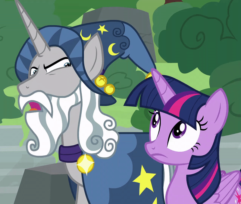 Size: 800x675 | Tagged: safe, screencap, character:star swirl the bearded, character:twilight sparkle, character:twilight sparkle (alicorn), species:alicorn, species:pony, species:unicorn, episode:shadow play, g4, my little pony: friendship is magic, animated, embarrassed, facewing, hiding behind wing, unamused, wing hands
