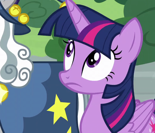 Size: 600x515 | Tagged: safe, screencap, character:star swirl the bearded, character:twilight sparkle, character:twilight sparkle (alicorn), species:alicorn, species:pony, species:unicorn, episode:shadow play, g4, my little pony: friendship is magic, animated, embarrassed, facewing, floppy ears, hiding behind wing, wing hands