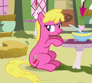 Size: 321x288 | Tagged: safe, screencap, character:cherry berry, species:earth pony, species:pony, episode:too many pinkie pies, g4, my little pony: friendship is magic, angry, animated, annoyed, cropped, female, grumpy, mare, sitting, solo, table