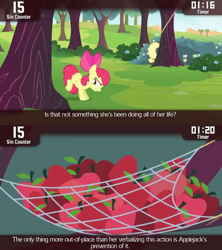 Size: 854x960 | Tagged: safe, screencap, character:apple bloom, character:applejack, episode:somepony to watch over me, g4, my little pony: friendship is magic, apple, apple orchard, applebucking, cinemare sins, food, net, orchard