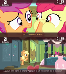Size: 854x960 | Tagged: safe, screencap, character:apple bloom, character:applejack, character:scootaloo, species:pegasus, species:pony, episode:somepony to watch over me, g4, my little pony: friendship is magic, cinemare sins, no time for a song