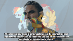 Size: 1100x619 | Tagged: safe, screencap, character:flash magnus, character:rainbow dash, episode:shadow play, g4, my little pony: friendship is magic, game of thrones, image macro, khal drogo, meme, wat