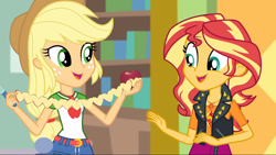 Size: 1366x768 | Tagged: safe, screencap, character:applejack, character:sunset shimmer, episode:a fine line, g4, my little pony:equestria girls, apple, duo, female, food, geode of empathy, geode of super strength, knife, magical geodes