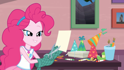Size: 1920x1080 | Tagged: safe, screencap, character:pinkie pie, episode:pinkie sitting, g4, my little pony:equestria girls, geode of sugar bombs, oven mitts, scissors, solo