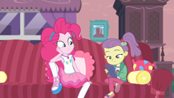 Size: 1920x1080 | Tagged: safe, screencap, character:pinkie pie, episode:pinkie sitting, g4, my little pony:equestria girls, clothing, geode of sugar bombs, lily pad (equestria girls), pantyhose, young