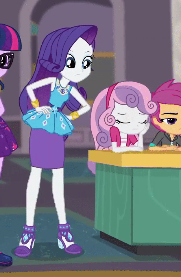 Size: 626x956 | Tagged: safe, screencap, character:apple bloom, character:rarity, character:scootaloo, character:sweetie belle, character:twilight sparkle, character:twilight sparkle (scitwi), species:eqg human, species:pegasus, species:pony, episode:school of rock, g4, my little pony:equestria girls, animated, bracelet, butt bump, butt smash, cropped, cute, cutie mark crusaders, female, geode of shielding, gif, high heels, jewelry, legs, pencil skirt, raribetes, sassy, shoes, shrug, siblings, sisters, sleeping, smiling, waking up