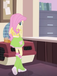 Size: 1536x2048 | Tagged: safe, screencap, character:fluttershy, episode:hamstocalypse now, equestria girls:rainbow rocks, g4, my little pony:equestria girls, backpack, boots, butterfly, clothing, cute, raised leg, rear view, shoes, socks
