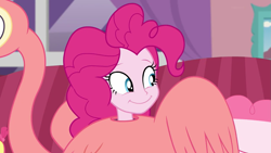 Size: 1277x719 | Tagged: safe, screencap, character:pinkie pie, episode:pinkie sitting, g4, my little pony:equestria girls, clothing, costume, cute, diapinkes, flamingo, smiling