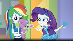 Size: 1920x1080 | Tagged: safe, screencap, character:rainbow dash, character:rarity, character:spike, character:spike (dog), species:dog, episode:a fine line, g4, my little pony:equestria girls, forced makeover, geode of shielding, makeover, smiling