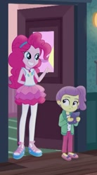 Size: 336x608 | Tagged: safe, screencap, character:pinkie pie, episode:pinkie sitting, g4, my little pony:equestria girls, arm behind head, clothing, cropped, cute, female, hairband, ipad, jacket, lily pad (equestria girls), magical geodes, pantyhose, shoes, side ponytail, skirt, smiling, young