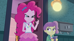 Size: 1920x1080 | Tagged: safe, screencap, character:pinkie pie, episode:pinkie sitting, g4, my little pony:equestria girls, clothing, female, hairband, ipad, jacket, lily pad (equestria girls), magical geodes, side ponytail, skirt, smiling, young